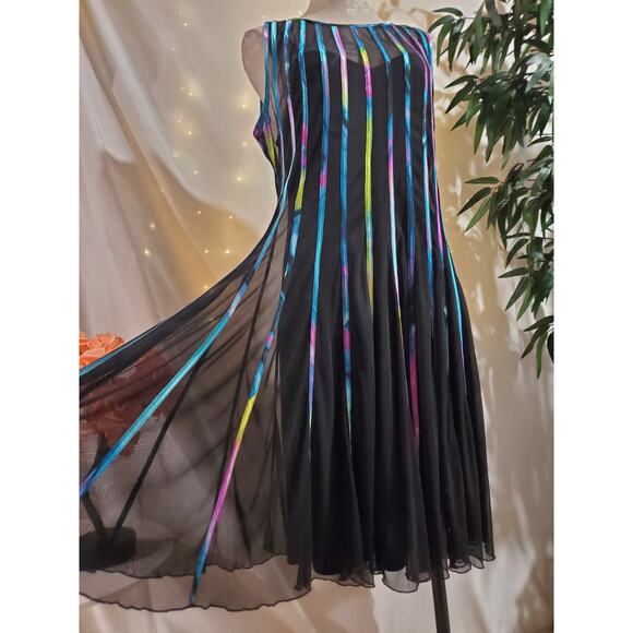 Vtg JS Collections Multi Rainbow Stripe Sheer Overlay 2 Piece Dress Size L Black - Picture 2 of 15